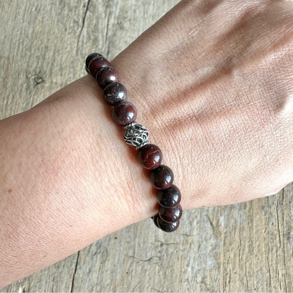 Burgundy Jasper Stone Stretch Bracelet Sterling Silver Bead Unisex - 8mm Beads - Picture 4 of 5